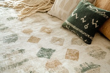 Wall Mural - A green and white pillow sits on a bed with a green and white rug underneath it