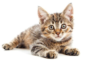 Aufkleber - A small kitten is lying down on a white surface, looking relaxed and cute