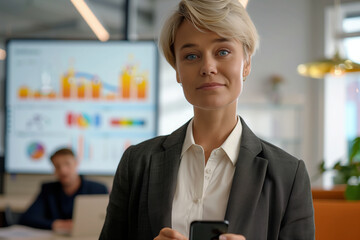 Woman wearing business attire standing in office in front of screen displaying social media graphs and statistics. Female businesswoman is holding her smartphone in office