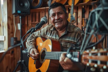 Aufkleber - A musician records his guitar performance in a professional recording studio