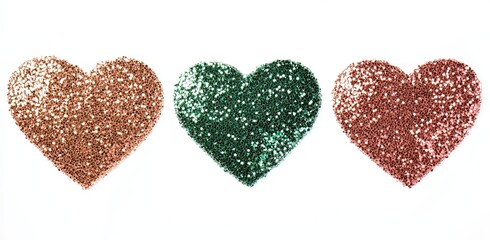 Wall Mural - Three hearts made of glitter are shown on a white background