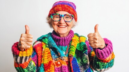 Senior citizen in vibrant LGBTQ+ clothing giving thumbs up with a happy expression on isolated white background reflecting joy