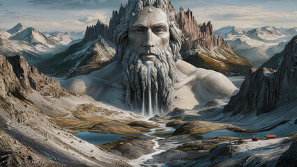 Majestic mountain landscape with a colossal bearded face carved into a peak, with a river flowing from its mouth, surrounded by jagged peaks and serene valleys.