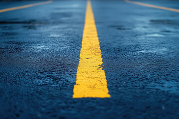 Yellow Line on Blue Asphalt Road Marking Direction