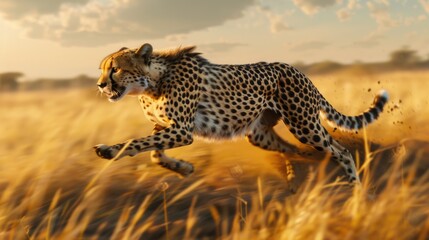 Wall Mural - A cheetah runs across a dry grass field