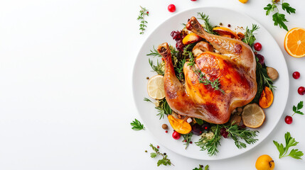 A whole turkey on a white plate, surrounded by fresh herbs and vibrant red berries, set against the clean backdrop of a crisp white table with copy space. Thanksgiving, ,Christmas