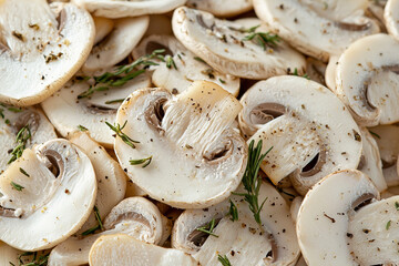 Wall Mural - Mushroom Slices. fresh mushroom slices food background texture: mushroom, fresh, champignon, slice,, background