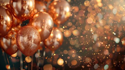 A bunch of gold balloons with glitter and bokeh lights