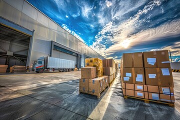 Poster - Boxes stacked on pallets awaiting storage or shipping