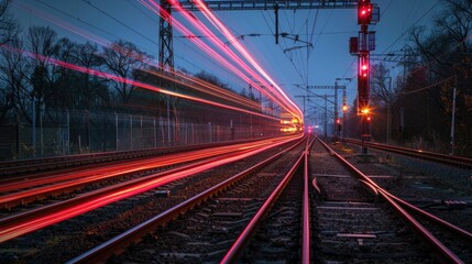 Poster - A train travels along the railway tracks, passing by a red traffic light