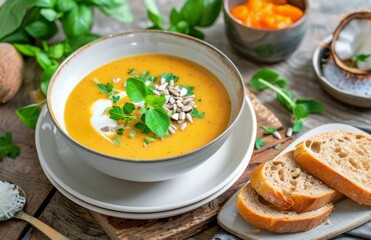 Wall Mural - Creamy Pumpkin Soup With Fresh Herbs and Bread on Rustic Wooden Table