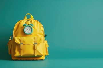 Poster - A yellow backpack with a clock attached, suitable for travel or outdoor activities