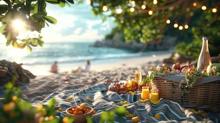 Wall Mural - Friends enjoying a beach picnic in the summer.