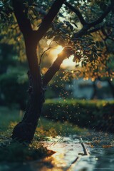 Poster - A lone tree stands firm in the rain, its branches reaching up to the sky