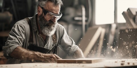 Poster - A person is carving or shaping a piece of wood at a workbench