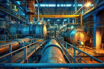 Poster - A large pipe in a building with many other pipes, suitable for use in industrial or commercial settings