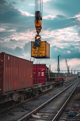 Poster - Industrial equipment lifts heavy containers onto train tracks for transportation