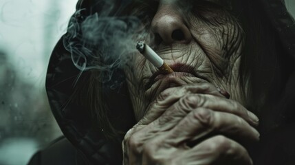 Poster - An elderly lady smokes a cigarette under rainy conditions
