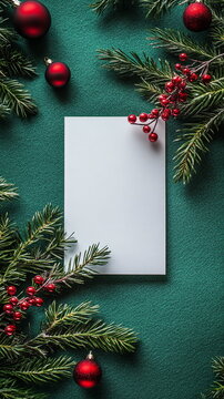Christmas card mockup. Blank white card with fir branches, mistletoe, and red ornaments on green felt background. Vertical 9:16 background with copy space for stories, reels, social media posts