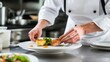© Vuk - A chef professionally plating a gourmet dish with careful attention to detail, using a white plate and fresh ingredients. The kitchen environment is seen behind.