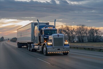 Poster - A semi truck drives along the highway at sunset, with warm light and long shadows