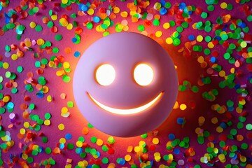 Vibrant 3D Emoticon with Illuminated Face and Colorful Confetti Effects