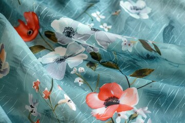 Poster - A close-up shot of blue fabric adorned with red and white flowers