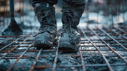 Poster - A person standing on the edge of a metal grate, possibly in a industrial or urban setting