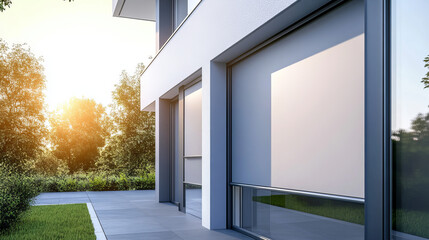 visual depicting external roller blinds installed on modern windows. The image focuses on the blinds from the outside, showcasing their design and functionality. 