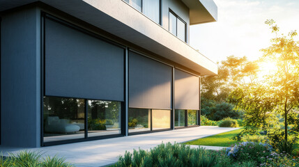 visual featuring roller blinds installed on a panoramic window of a modern house. The external shutters are shown providing sun protection and privacy for the exterior of the home.