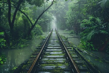 Poster - A train track running through a dense forest, surrounded by trees and foliage