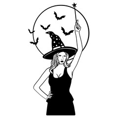 Witch | Witch w/Magical Wand | Sexy Body Witch | Witch & Bats | Witch Craft | Magical Witch | Halloween | Pointed Hat Witch | Original Illustration | Vector and Clipart | Cutfile and Stencil