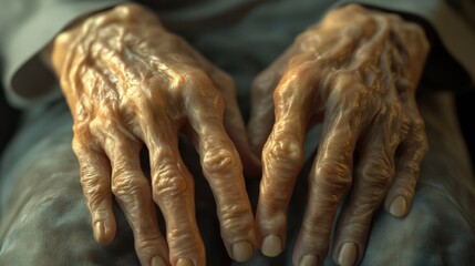 The hands show deep wrinkles and discoloration, illustrating significant aging and a skin condition in a peaceful indoor setting, rheumatoid arthritis, joint and bone diseases, autoimmune diseases