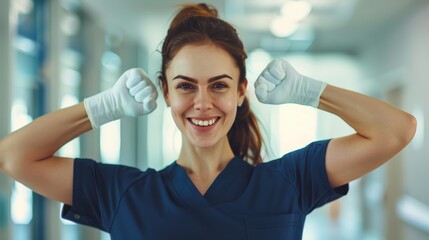 Wall Mural - Doctor, portrait, hospital success, medical trust, or empowering strength mockup. Smile, happy, or nurse with strong biceps for women's health, wellbeing, or motivation