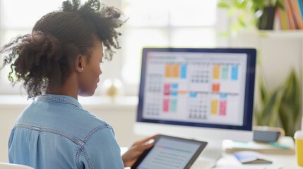 Office woman with computer, notebook, schedule, and office reminder. Online calendar, charts, and female at desk planning worksheet for high-angle time management.