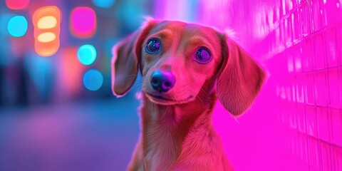 Close-up Portrait of a Brown Dog with Pink and Blue Lights in the Background