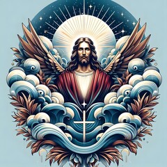 Jesus Christ with Wings and Cross in a Celestial Scene