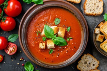 Wall Mural - Rich Tomato Basil Soup With Croutons and Fresh Basil on Dark Surface