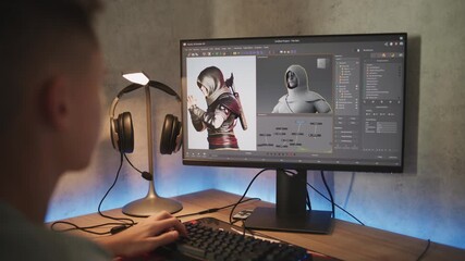 Fototapete - Young designer creates 3D model of game character using PC. Interface of professional 3D modeling software. Teenage boy working on freelance project on computer at home. Game development concept.