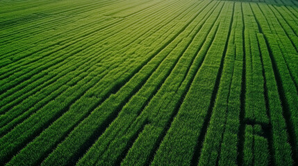 An aerial view of a green field, showcasing a landscape that includes agricultural farms. Overlayed on the field are icons representing residential homes or house buildings