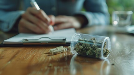 A hospital table with medical marijuana grass, medicine, and health drugs for prescription, healthcare, and disease treatment. Cannabis treatment script by doctor, surgeon, or expert GP