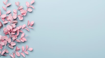 Sticker - Serene Pastel Pink Foliage on Grey-Blue Background with Copy Space, Modern and Minimalistic Design, Generative Ai