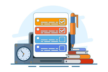 Poster - Exam concept, exam paper with timer and hourglass, Exam, Survey, Checklist, Test, Assignment deadline, exam preparation, subject learning course, education concept. flat vector illustration.