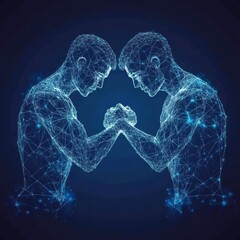 Poster - Isolated brotherly handshake. Low poly wireframe and points. Polygonal 3D white agreement concept on dark background. Abstract deal line origami.