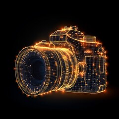 Poster - An illustration of a low polygonal wireframe camera in gold style. A polygonal RGB color image depicting an image of a camera.