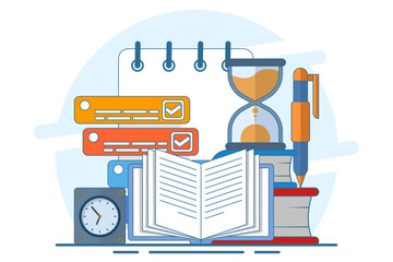 Poster - Exam concept, exam paper with timer and hourglass, Exam, Survey, Checklist, Test, Assignment deadline, exam preparation, subject learning course, education concept. flat vector illustration.