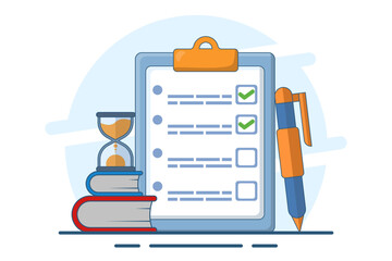 Poster - Exam concept, exam paper with timer and hourglass, Exam, Survey, Checklist, Test, Assignment deadline, exam preparation, subject learning course, education concept. flat vector illustration.