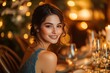 © Snowstudio - A woman smiling at the camera, sitting at a table with friends during a Christmas dinner party