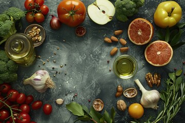 Poster - A colorful arrangement of fresh fruits and vegetables on a wooden table, perfect for still life photography or as a background element