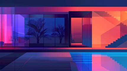 Wall Mural - Neon Lit Modern House with Pool - Abstract Architectural Illustration